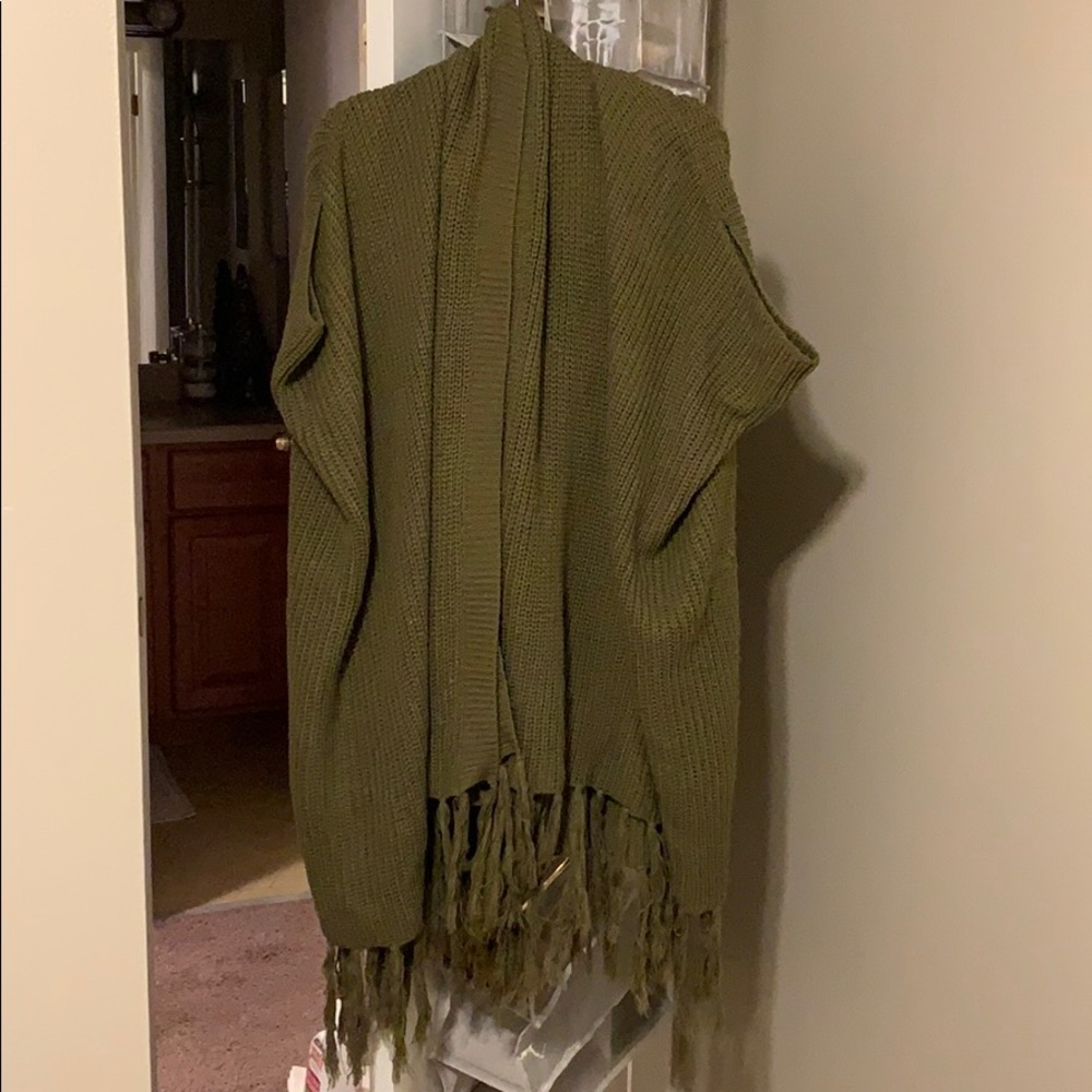 Olive green, knit poncho with sleeves